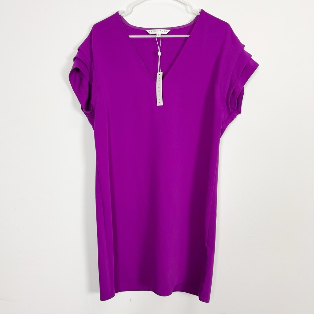 Trina Turk Sadora Dress Womens Small Purple Vneck Short Sleeve Nwt